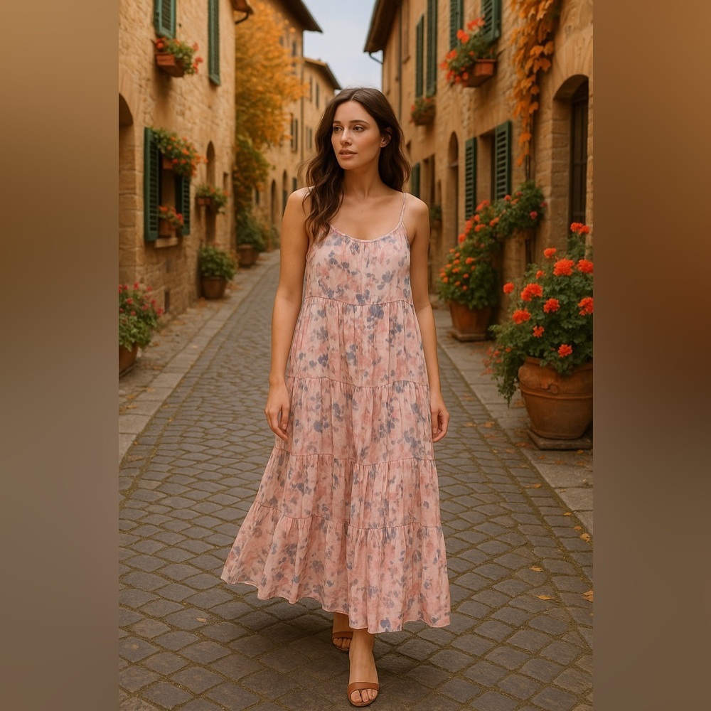 Elena Balli Italy Made S Silk Floral Maxi Dress Pink Ballet Softcore Romantic